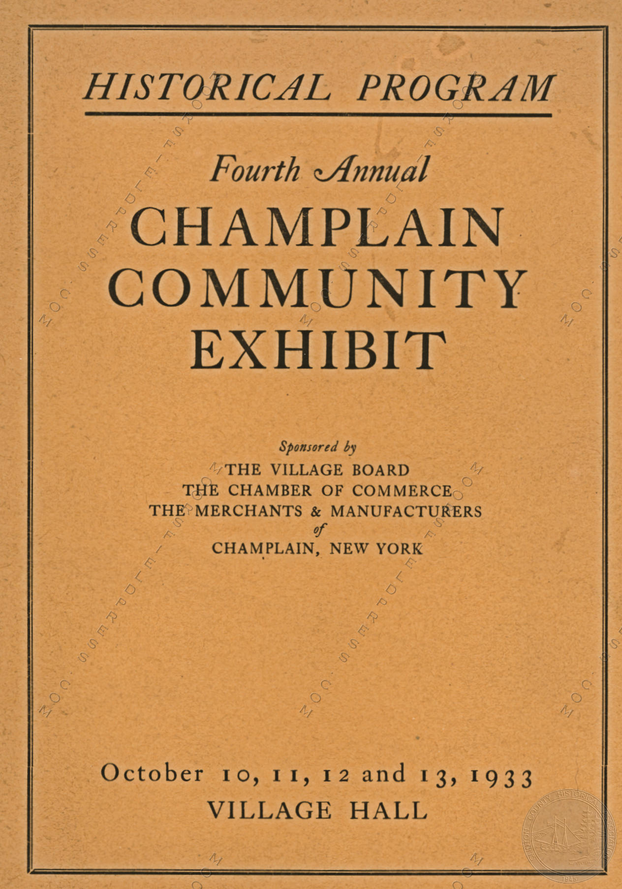 Moorsfield
                      Press Printings - Champlain Community Exhibit
                      Programs, Village of Champlain, NY