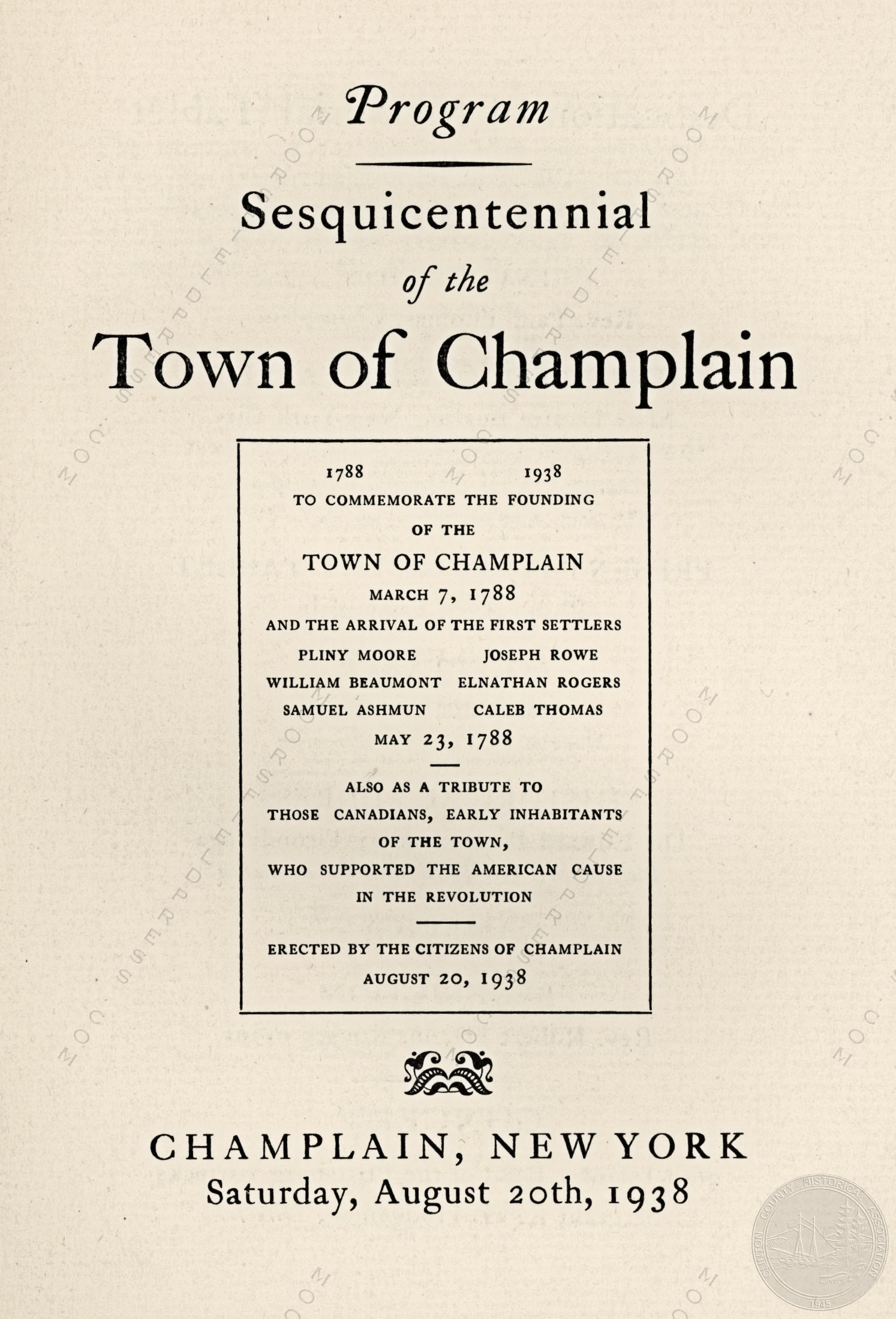 Moorsfield Press Printings - Sesquicentennial
                      of the Town of Champlain Program-1938 (1788-1938)
