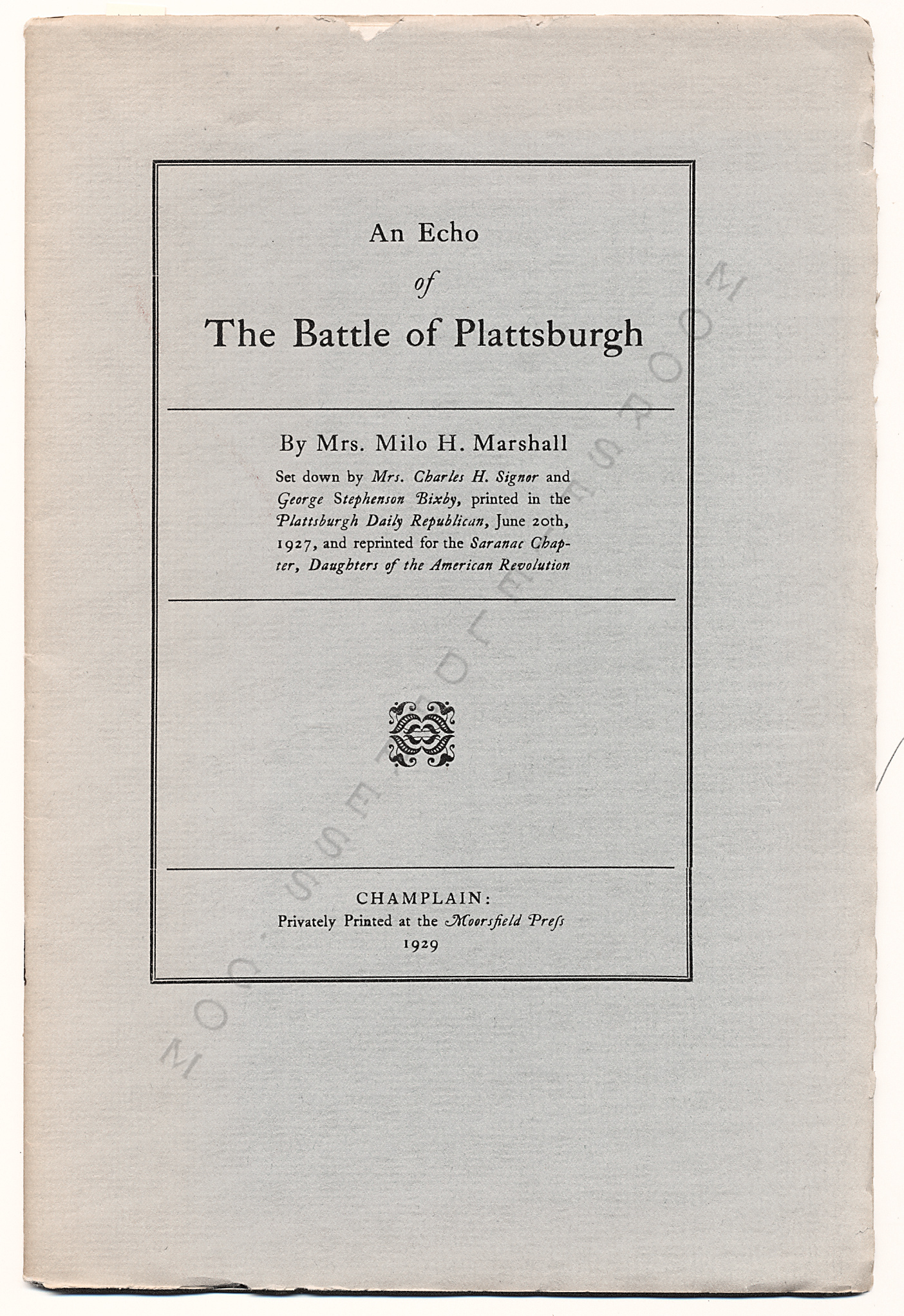 An Echo of
                      the Battle of Plattsburgh by Mrs. Milo H.
                      Marshall