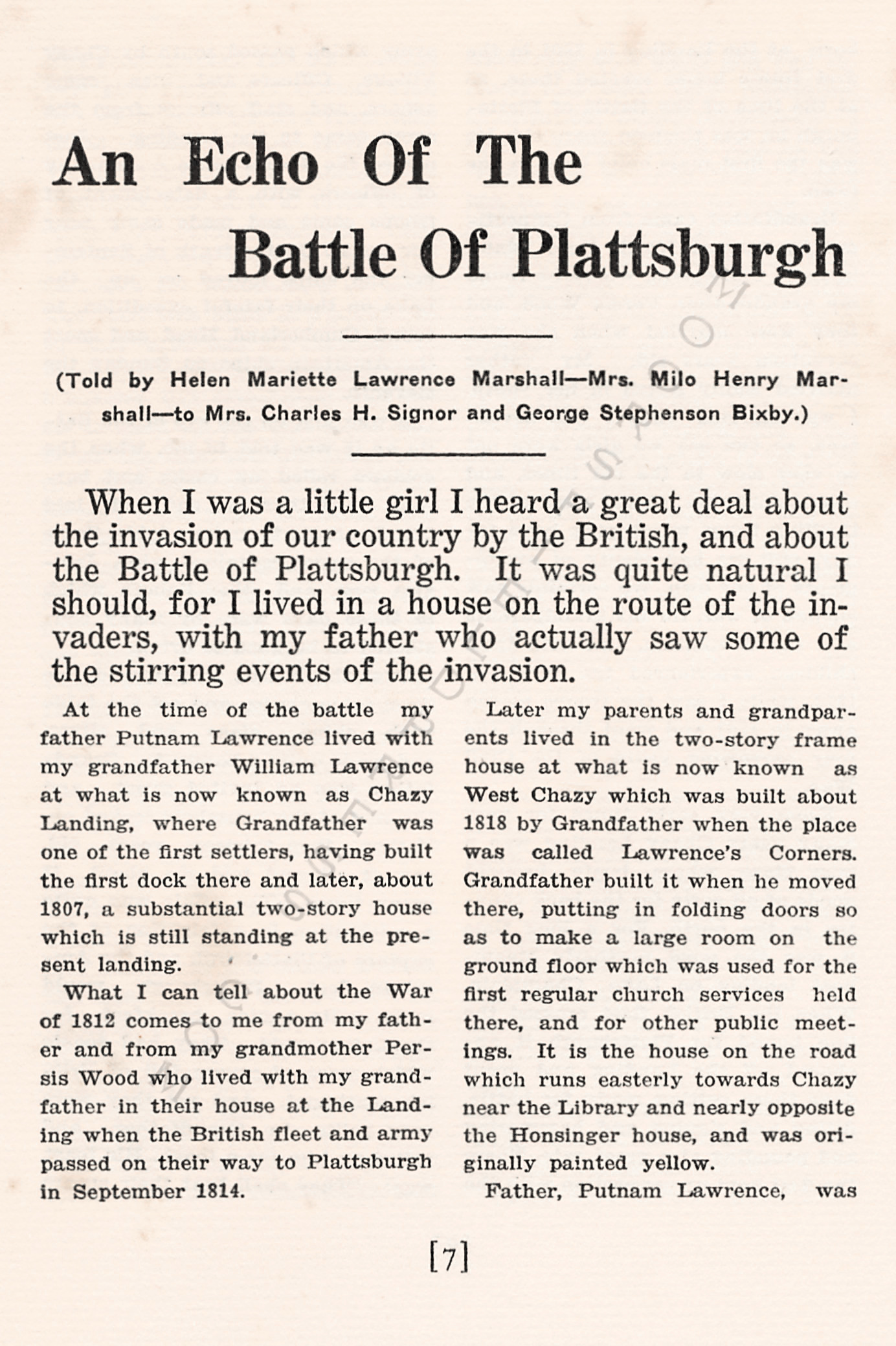 An Echo of
                      the Battle of Plattsburgh by Mrs. Milo H.
                      Marshall