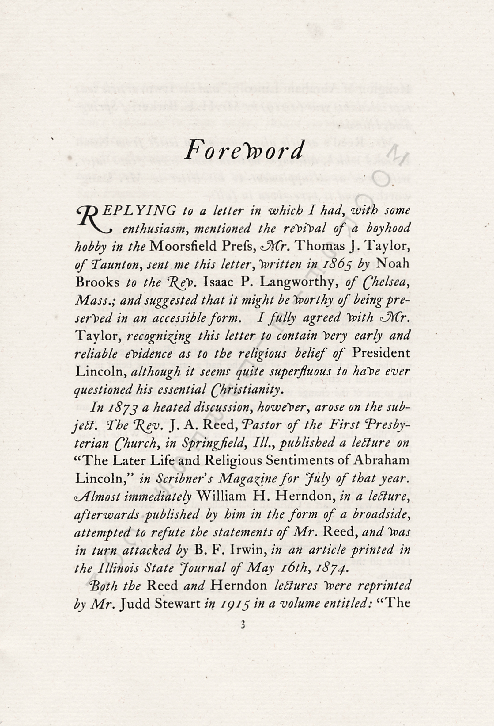 THE
                      CHARACTER AND RELIGION OF PRESIDENT LINCOLN - A
                      LETTER OF NOAH BROOKS MAY 10 1865