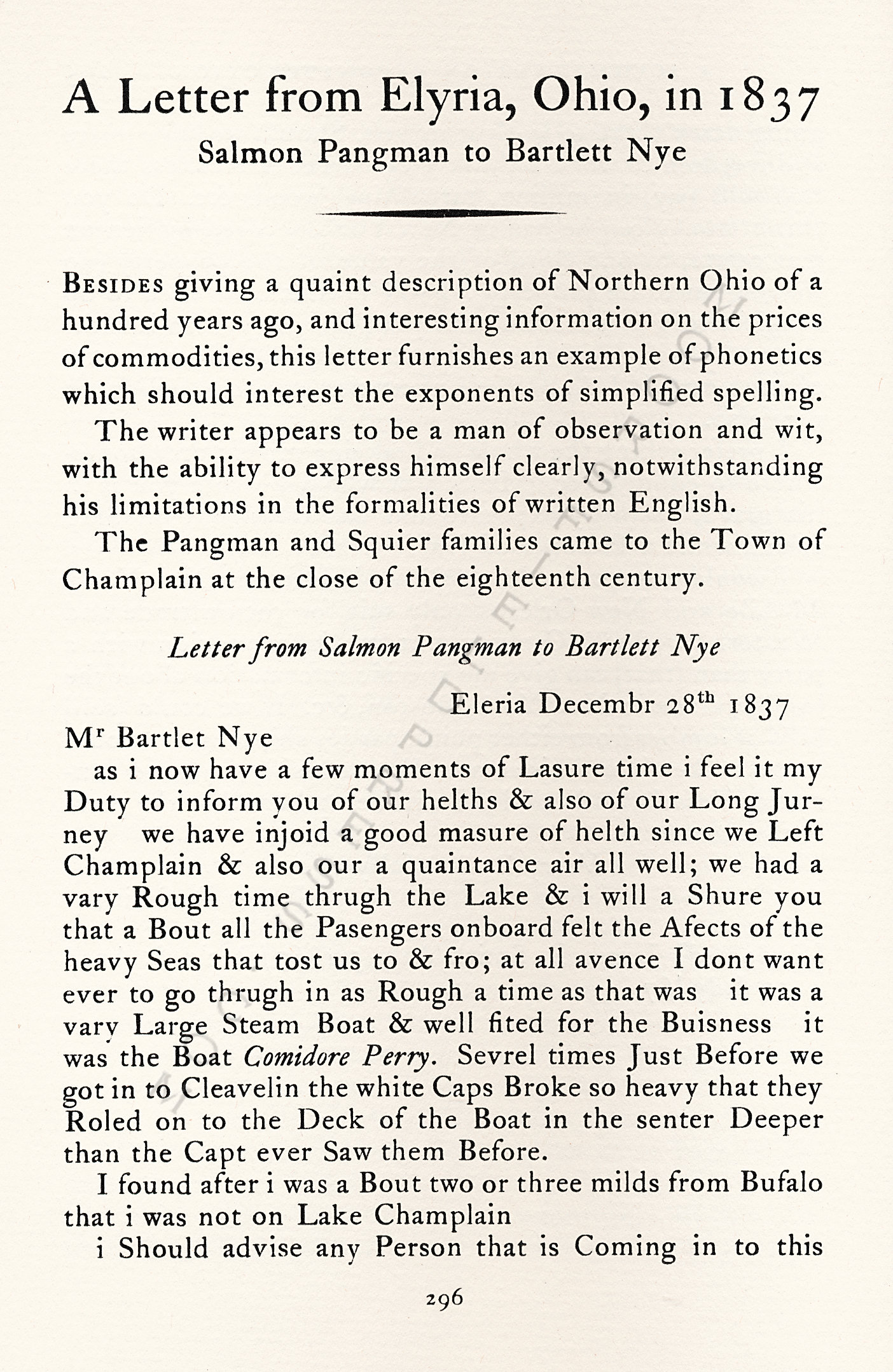 A Letter
                      From Elyria Ohio In 1837-Salmon Pangman to
                      Bartlett Nye of Champlain, New York