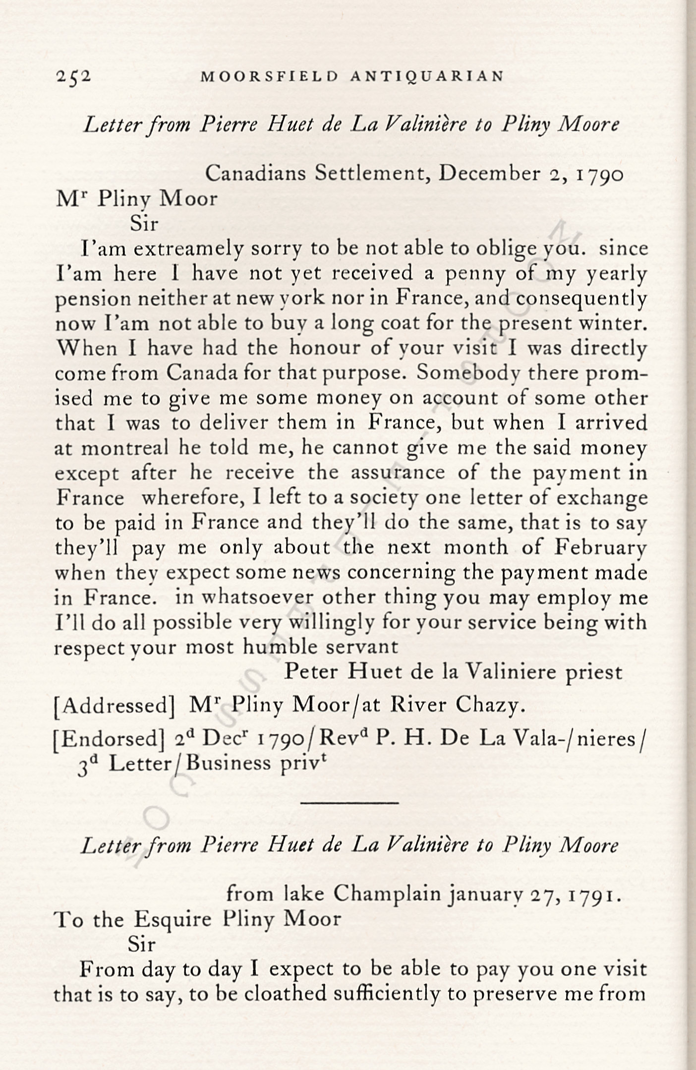 Pliny
                      Moore Papers-Pierre Huet de La Valiniere, Priest
                      on Lake Champlain, 1790-1791