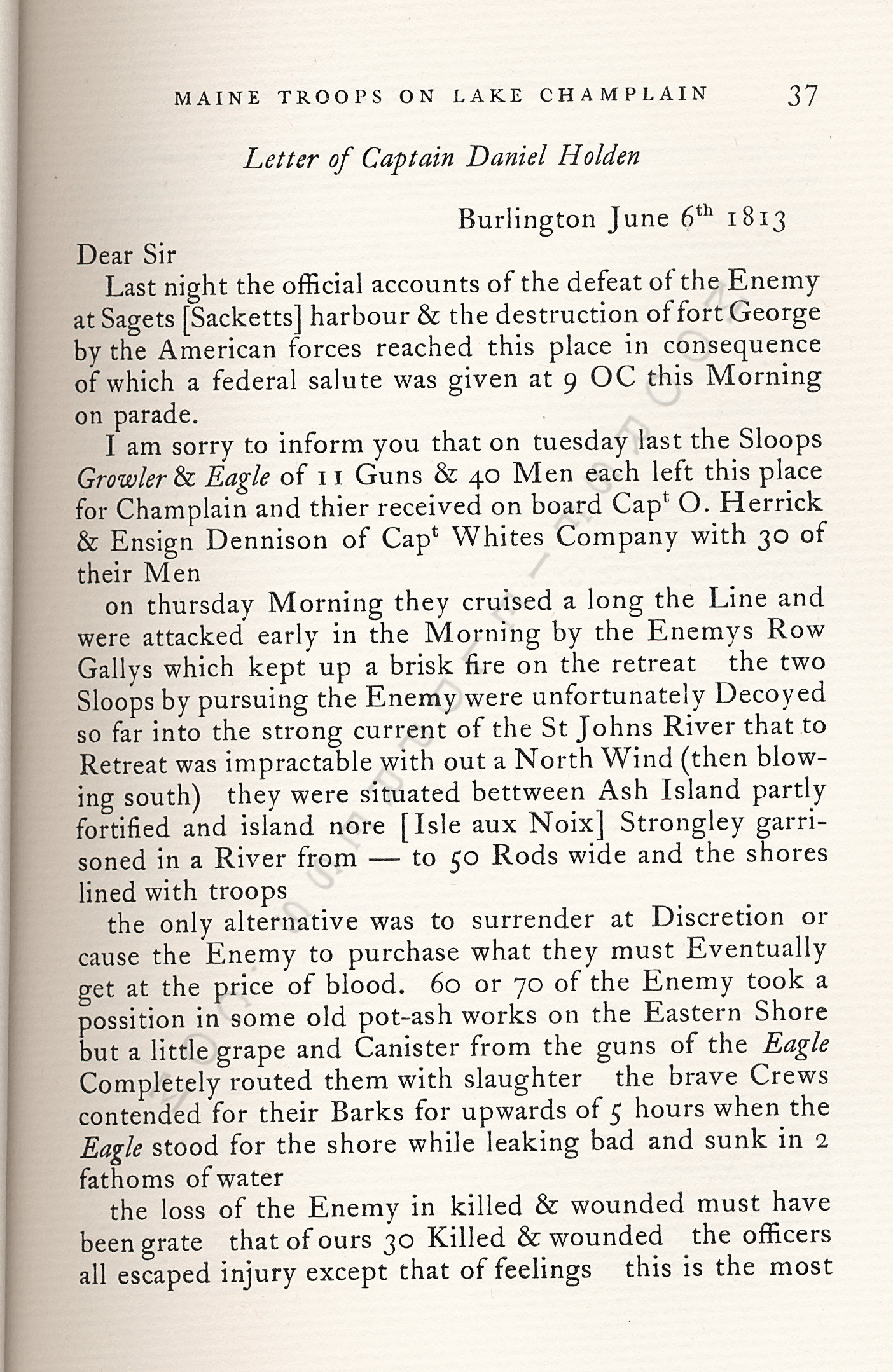 Maine
                      Troops on Lake Champlain and the Loss of the Eagle
                      and Growler May-July 1813