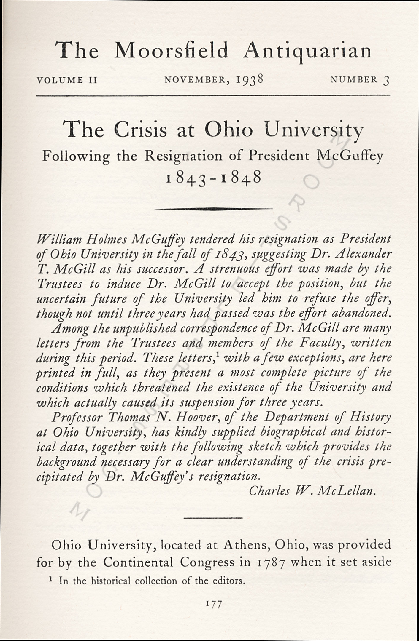 McGill
                      Papers-The Crisis at Ohio University Following the
                      Resignation of President McGuffey 1843-1848