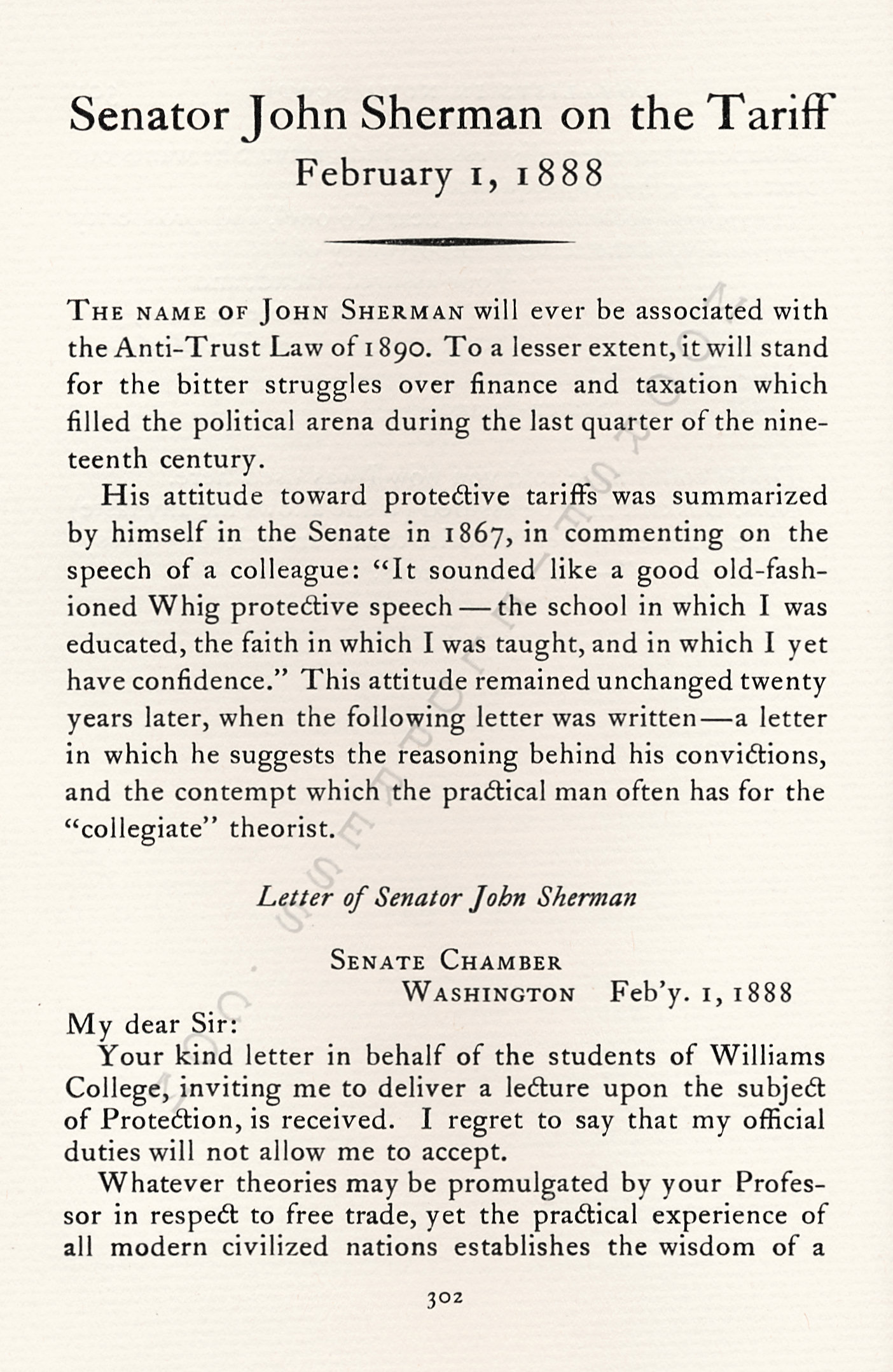 Senator
                      John Sherman on the Tariff February 1, 1888